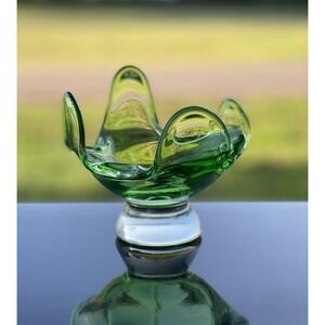 Vintage Art Glass Handkerchief Candy Bowl Pedestal Green Clear Base Epic Finger